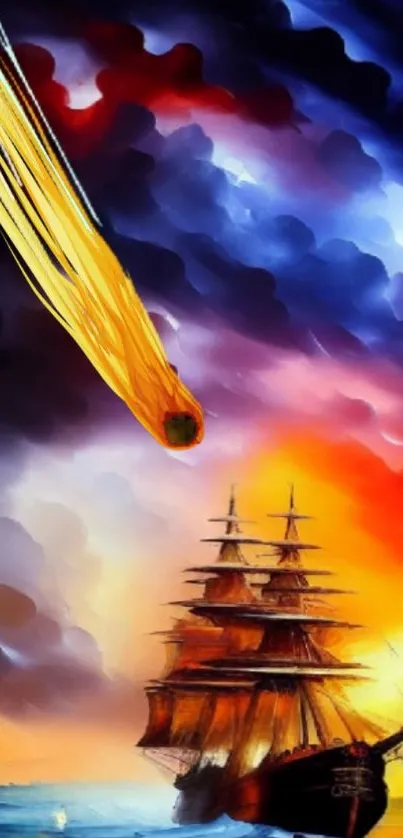 Dramatic scene of a ship against a vibrant, fiery sky with a streaking meteor.