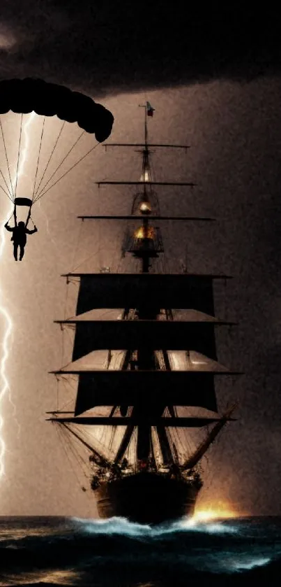 Silhouette of a ship and parachuter in a lightning storm at sea.