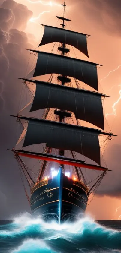 Ship sailing through a dramatic thunderstorm with lightning bolts.