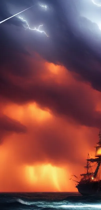 Sailing ship under stormy sky with vibrant colors and lightning.