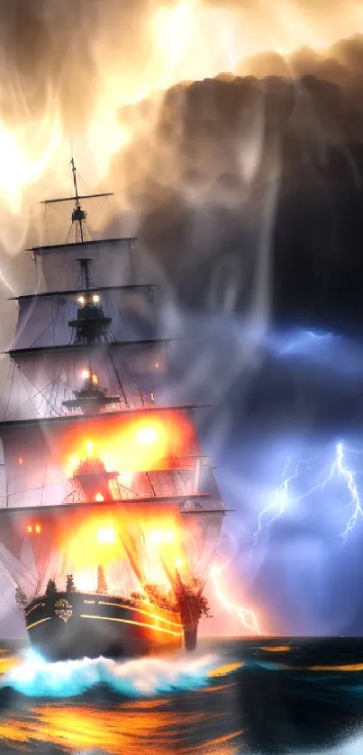 Majestic ship in stormy sea with lightning background.