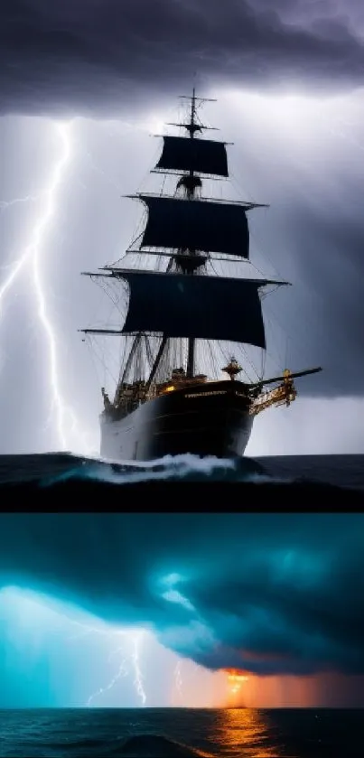 Ship battling a storm with dramatic lightning on the ocean.