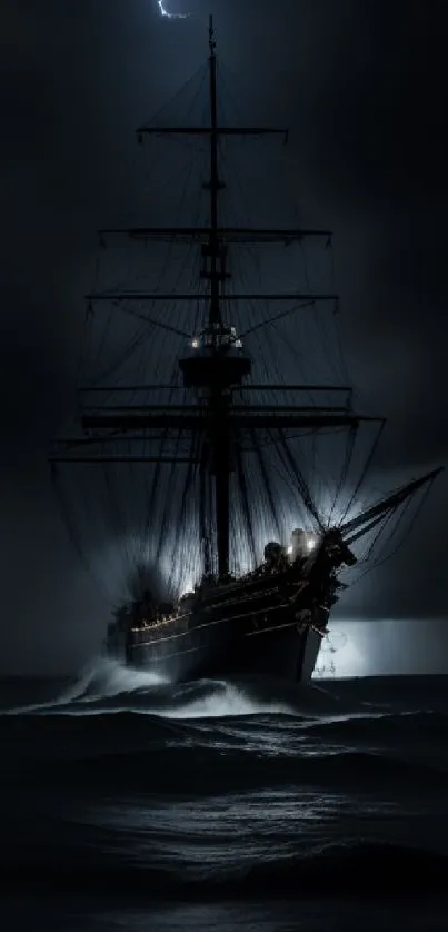 Majestic ship at night with lightning on a stormy ocean background.