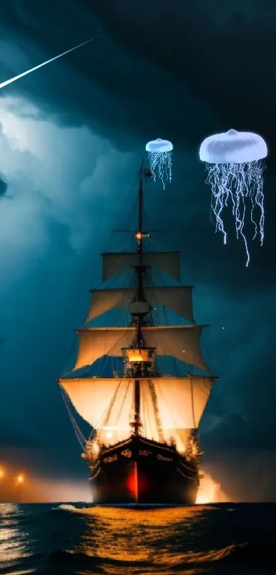 Ship sails through a stormy night with dramatic, dark clouds above.