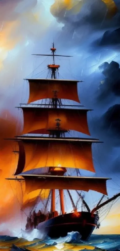 Dramatic painting of a ship sailing through a storm at sunset with vibrant colors.