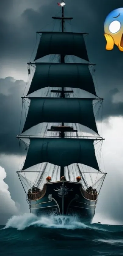 Majestic ship sailing through stormy seas with dark clouds, featuring an expressive emoji.