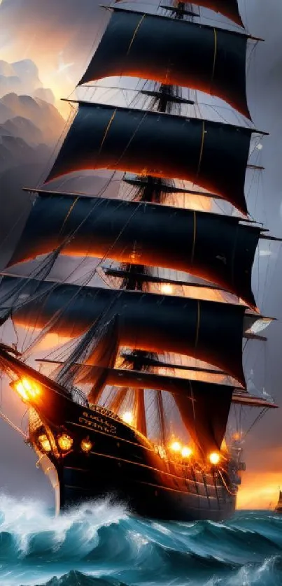 Majestic ship sailing through stormy seas at sunset.