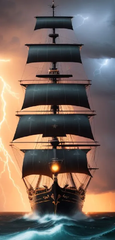 Tall ship sails through ocean storm with lightning in background.