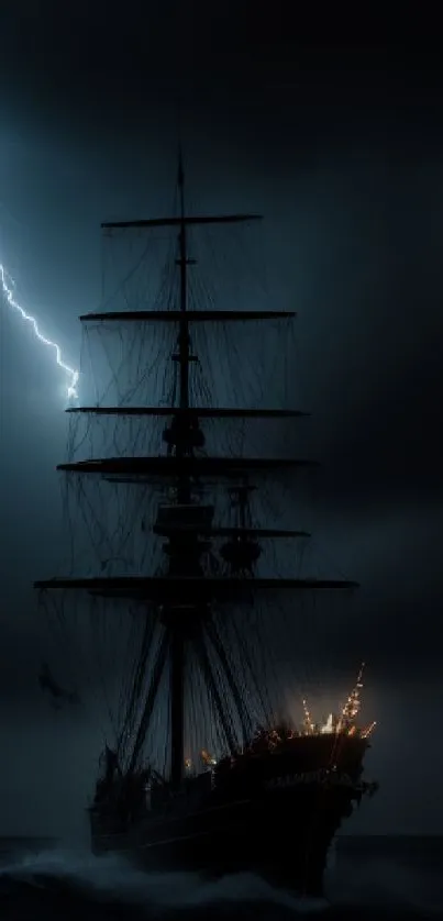 Tall ship at sea under lightning in a stormy night sky.