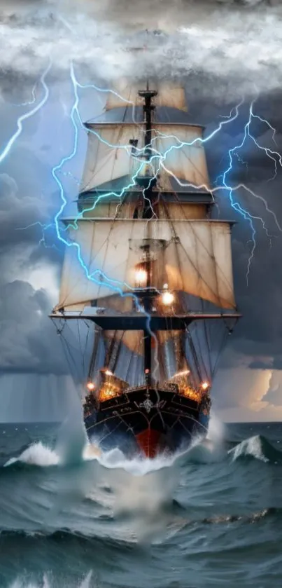 Ship sails through stormy seas with lightning overhead.