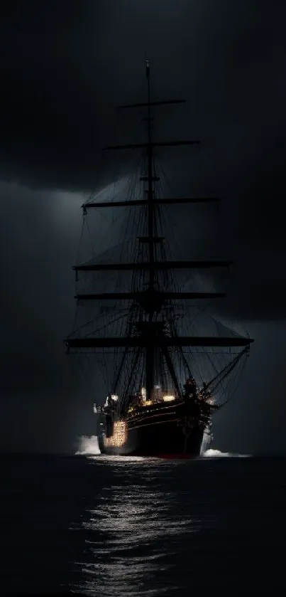 Dramatic ship sailing under a dark sky on the ocean at night.