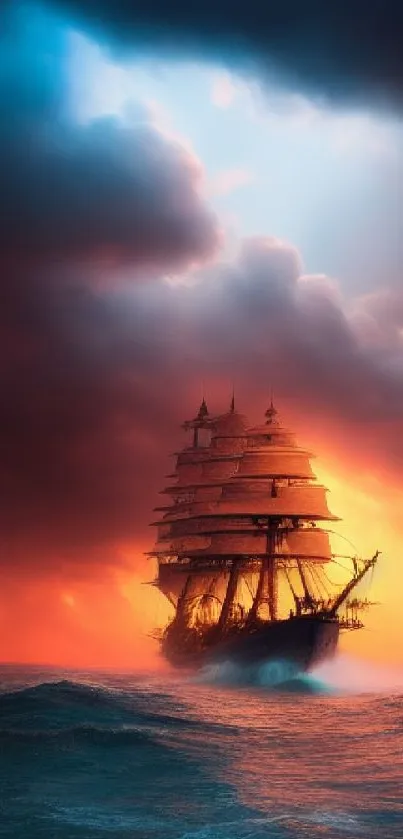 Dramatic ship sails through a vibrant sunset over stormy sea.