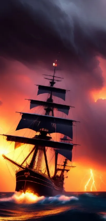 Ship sailing through a vivid stormy sea under a dramatic fiery sky.