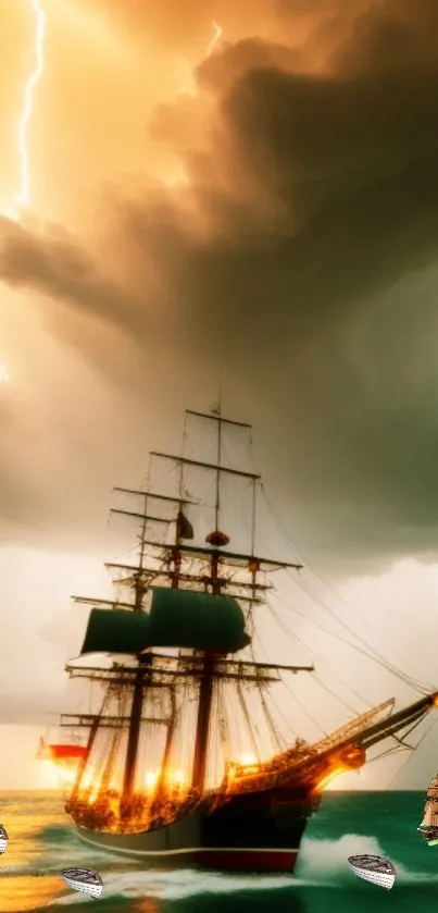 Sailing ship in a storm with dramatic lighting and clouds.