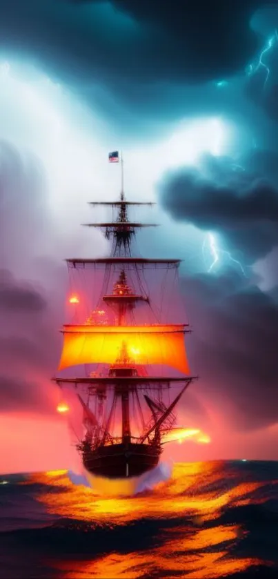 Majestic ship sails against a stormy, vibrant sky with lightning flashes.