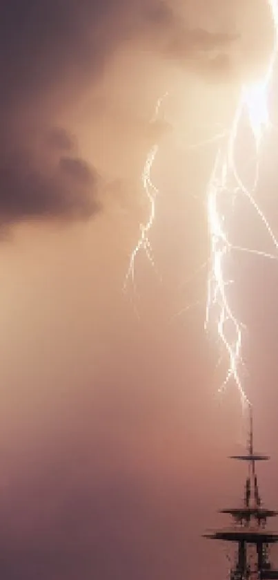 Majestic ship sails under stormy sky and lightning at sunset.