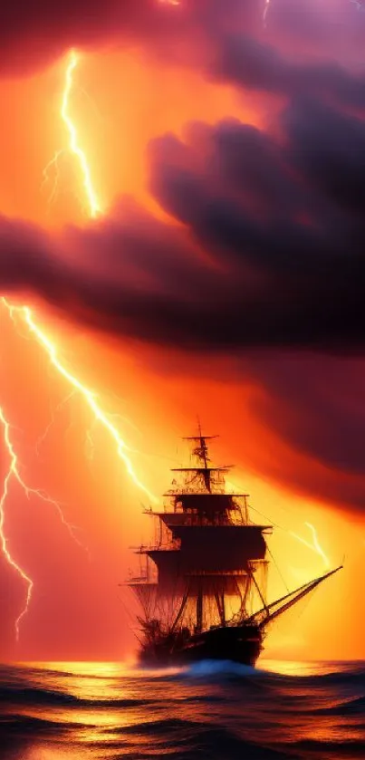 Ship sailing through a storm with lightning in the ocean.