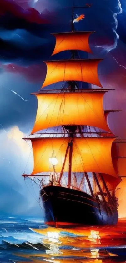 Majestic ship in stormy ocean with vibrant orange sails and dramatic sky.