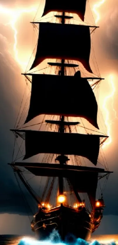 Majestic ship with sails at sea in a stormy night scene.