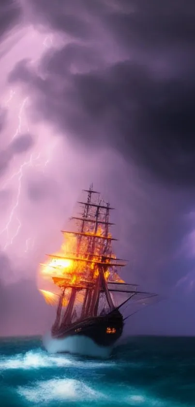 Fiery ship battles waves under stormy purple skies.