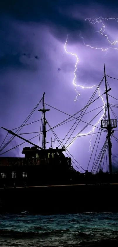 Silhouette of a ship under lightning-filled night sky.