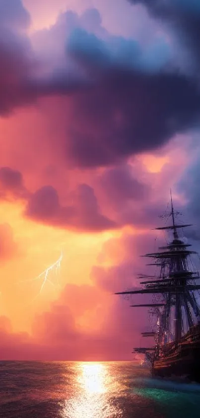 Historic ship sails under vibrant sky with dramatic clouds and sea.