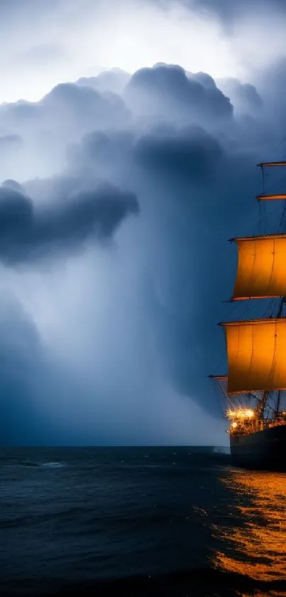 Dramatic ship sailing on stormy ocean under a moody sky.