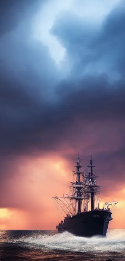 Ship sailing on ocean under dramatic sunset and stormy skies.