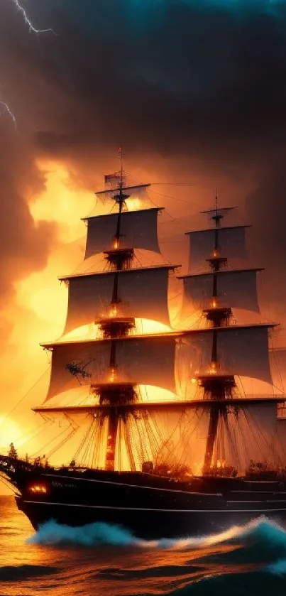 Tall ship sailing through stormy seas with dramatic lightning.