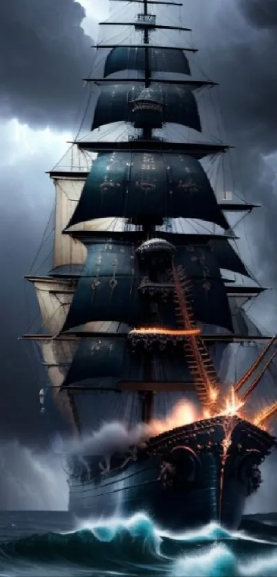 Tall ship navigates stormy seas under dark clouds.