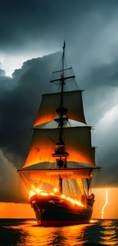 A dramatic ship sailing in a storm, illuminated by lightning against a dark sky.