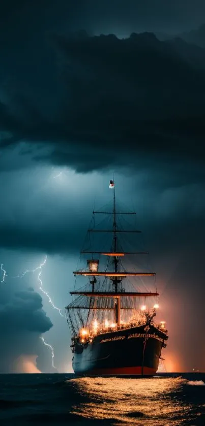 A ship sails through stormy ocean waters under a dramatic lightning-filled sky.