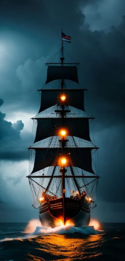 Dramatic tall ship sails through a stormy sea under dark clouds.