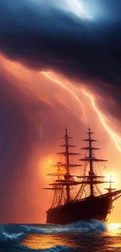 Majestic ship sailing under a lightning-filled sky.