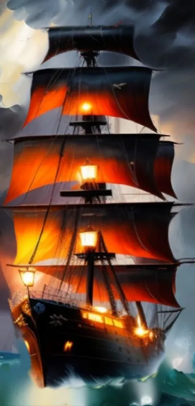 Fiery ship sailing through a stormy sea, illuminated by dramatic lighting.