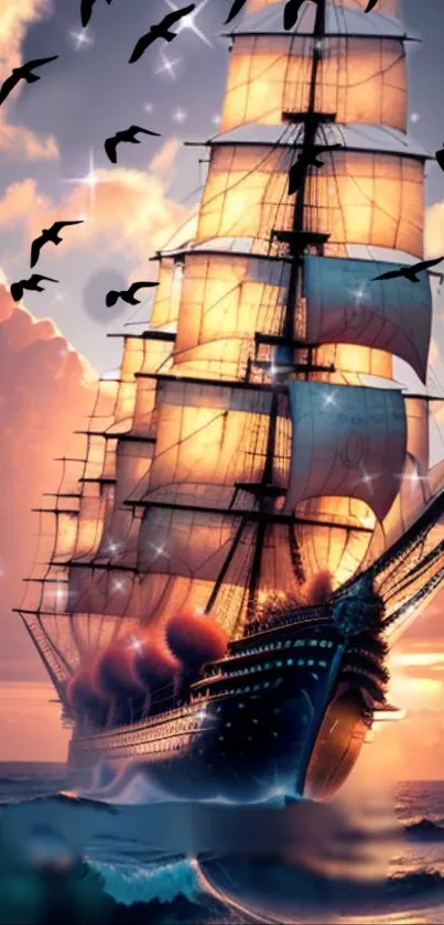 Dramatic ship sailing at sunset with sparkling stars.