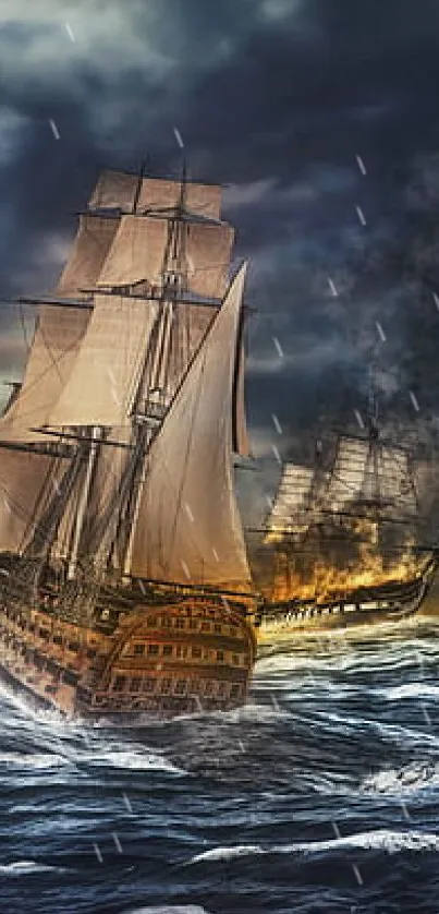 Dramatic navy ship battle scene with stormy ocean.