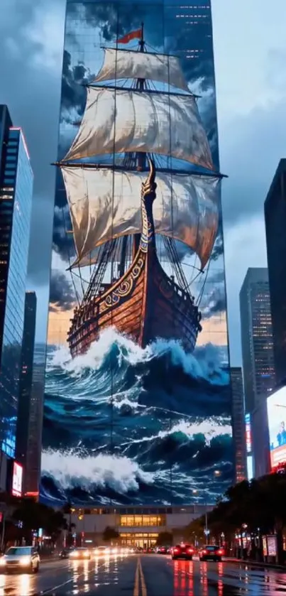 A ship mural on a city skyscraper in a dramatic urban setting.
