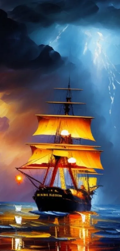 A ship sails in a dramatic, stormy ocean with vibrant orange sails.