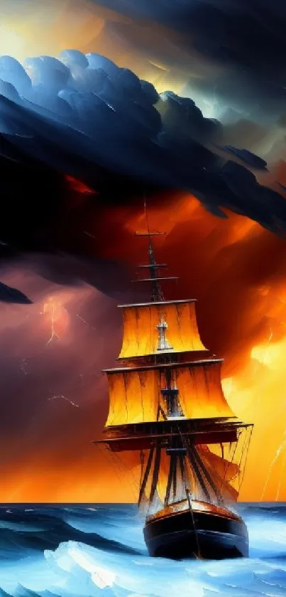 Orange sail ship against a stormy, fiery sky.