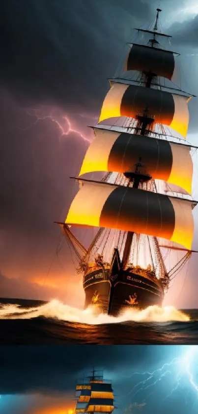 Epic ship sailing through a fierce lightning storm over dark ocean waters.