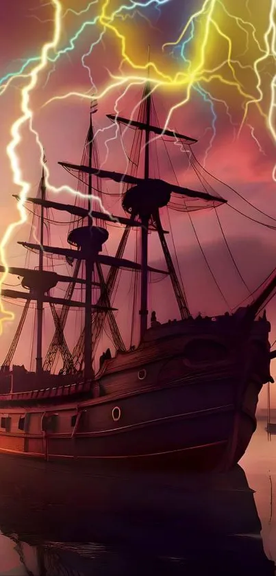 Majestic ship braving a lightning storm at sea.