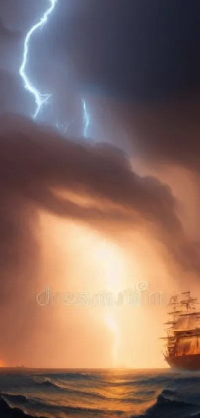 Dynamic mobile wallpaper with a ship sailing through a lightning storm over dark seas.