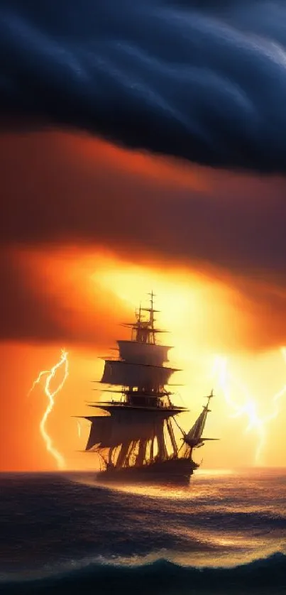 Sailing ship in a vibrant lightning storm over ocean waves at sunset.