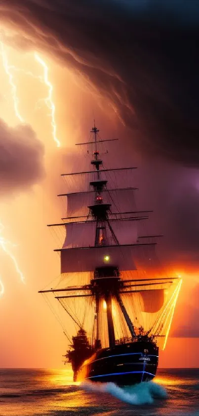 Ship sailing through storm with lightning in vibrant scenery.