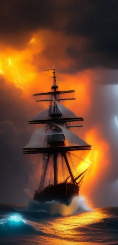 Epic ship battling lightning in a vivid orange stormy ocean.