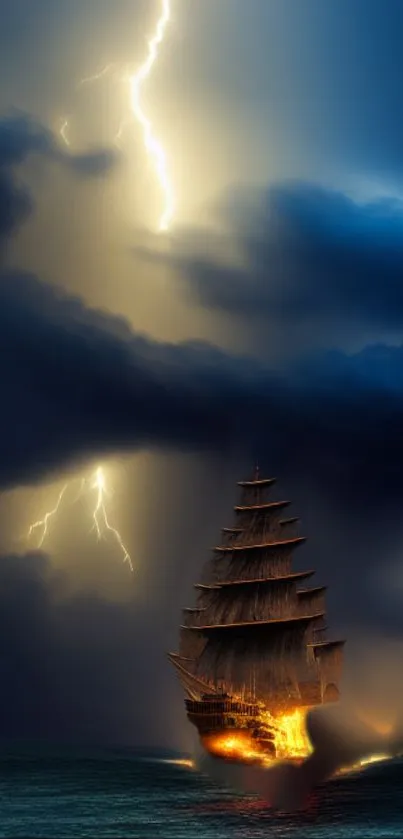 Ship sailing through lightning storm on the ocean at night.