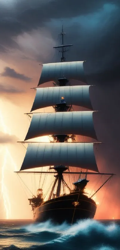 Ship navigating through lightning storm at sea, with dramatic waves.