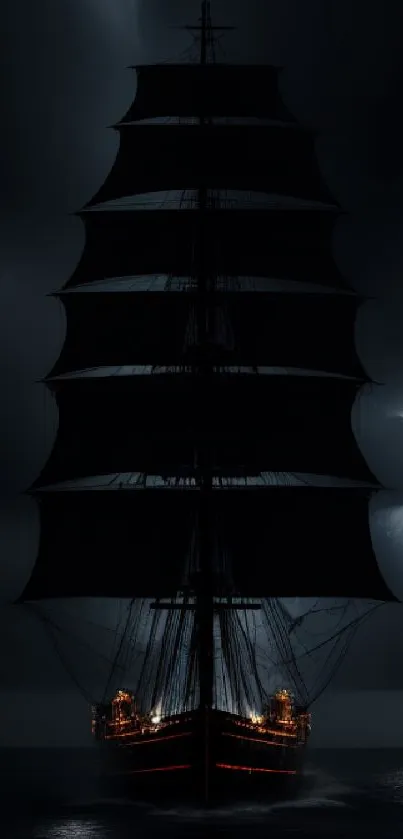 Silhouette of a ship sailing under a stormy night sky.