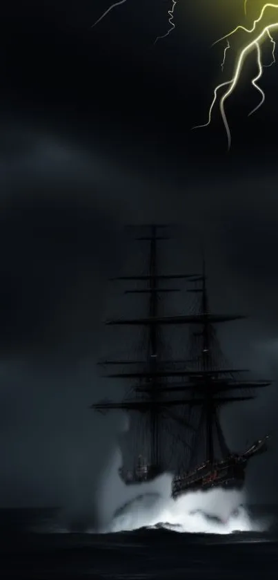 Spooky ship in stormy ocean with lightning flashing.